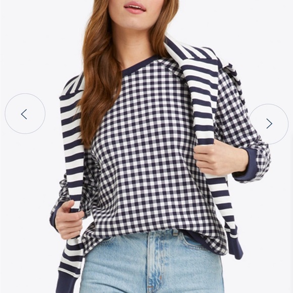 Draper James Natalie Sweatshirt in Navy Blue and White Gingham. Size Large. - Picture 3 of 14